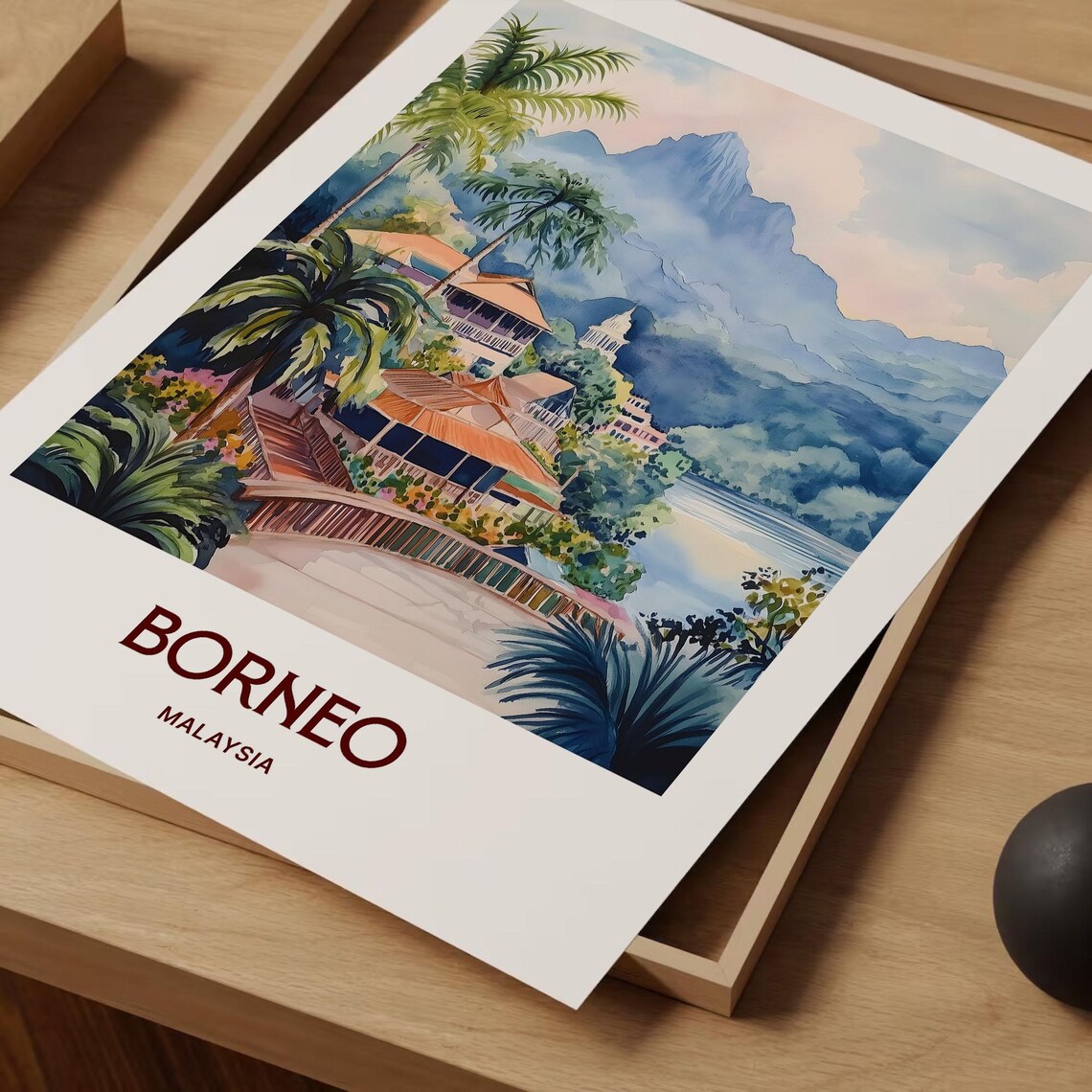 Borneo Malaysia Watercolor Jungle Rainforest Mountain Poster - Image 2