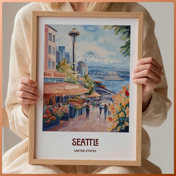Seattle Pike Place Space Needle Rainier Watercolor Travel Poster