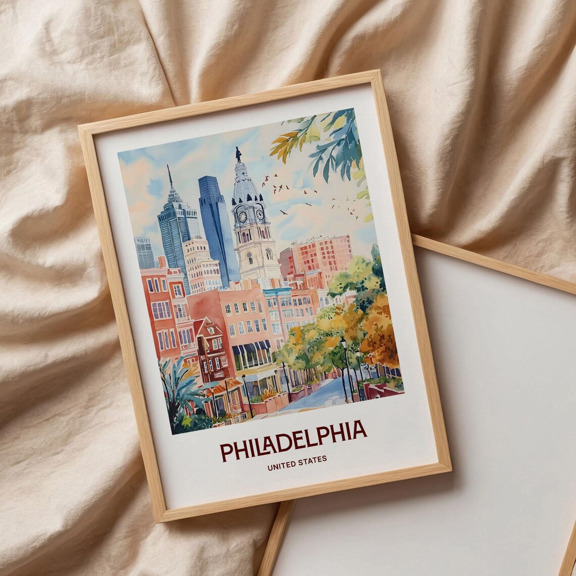 Philadelphia Skyline City Hall Tower Watercolor Travel Poster USA - Image 3