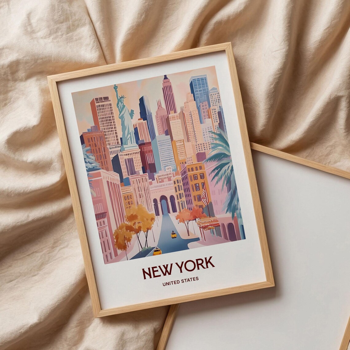 New York Skyline Statue Of Liberty Yellow Cabs Watercolor Travel Poster - Image 3
