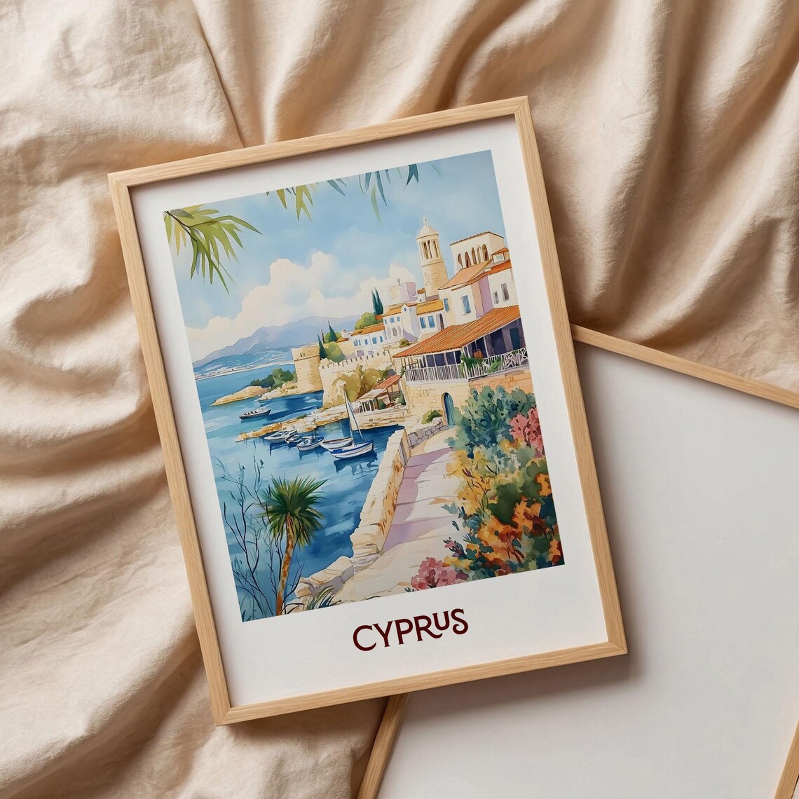Cyprus Harbor Sailboats Whitewashed Town Watercolor Travel Poster - Image 3