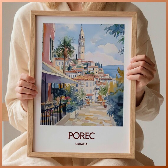 Porec Croatia Old Town Bell Tower Watercolor Travel Poster Coast