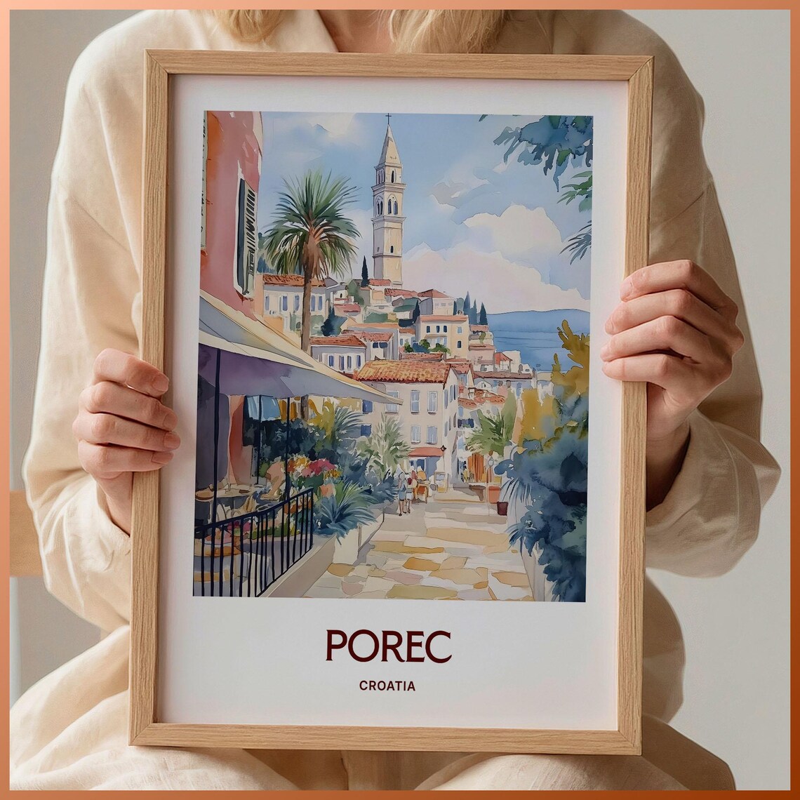 Porec Croatia Old Town Bell Tower Watercolor Travel Poster Coast