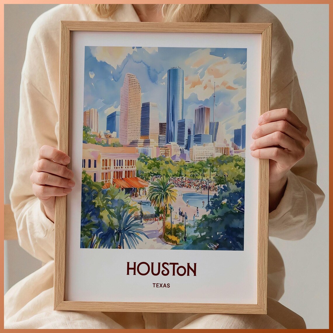 Houston Texas Watercolor Downtown Skyline Park Fountain City Art Poster