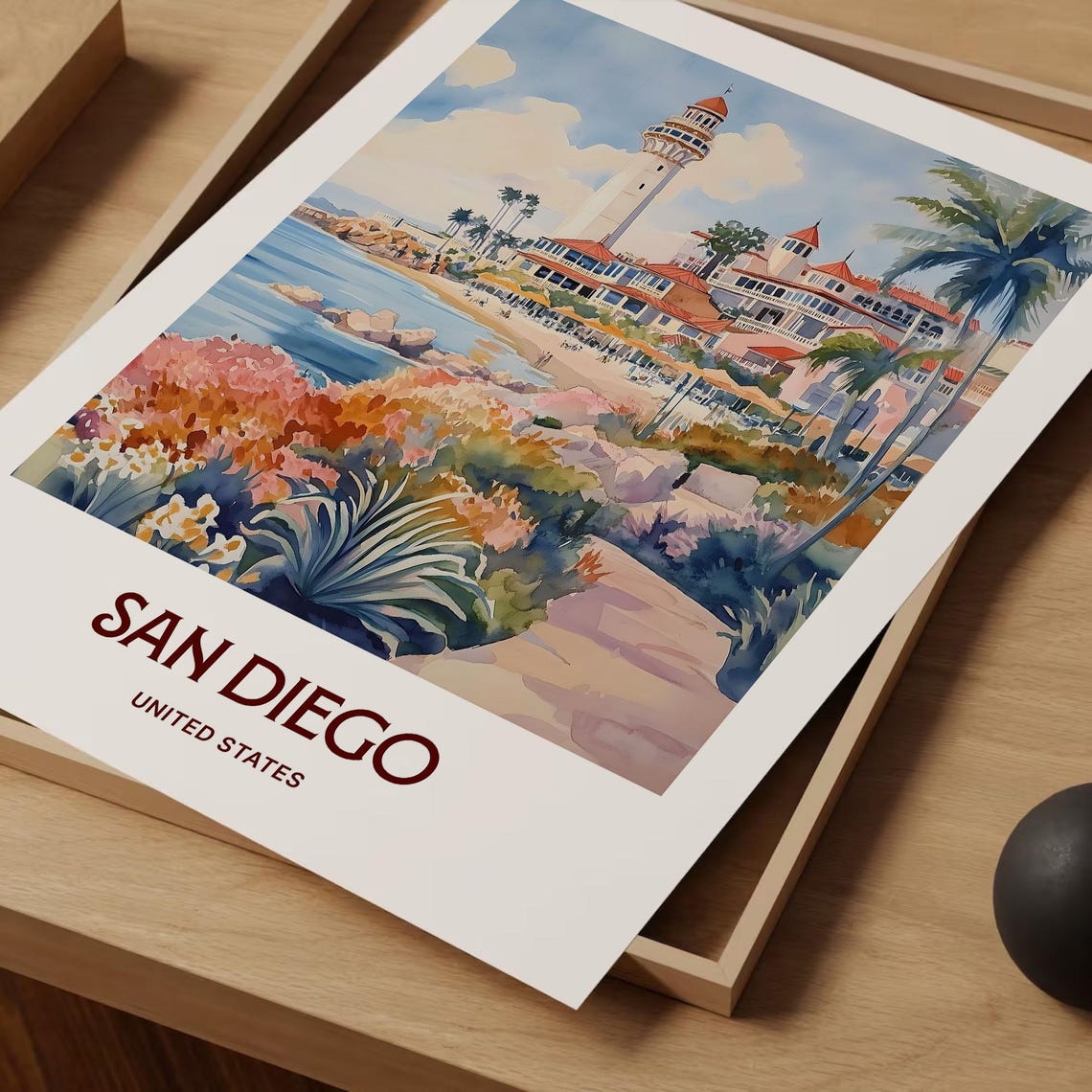 San Diego California Beach Lighthouse Watercolor Poster Palms - Image 2
