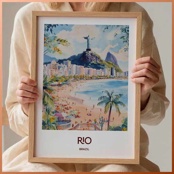 Rio Brazil Watercolor Christ the Redeemer Copacabana Beach Scene Poster