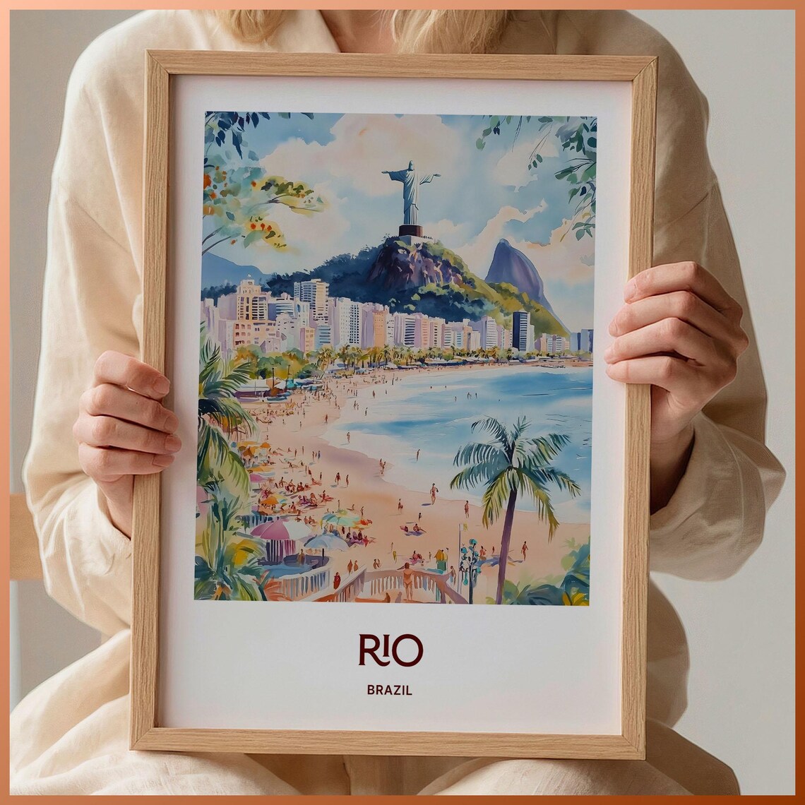 Rio Brazil Watercolor Christ the Redeemer Copacabana Beach Scene Poster
