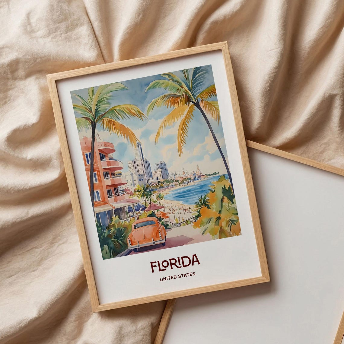 Florida Beachfront Boulevard Palm Trees Watercolor Poster Coast - Image 3