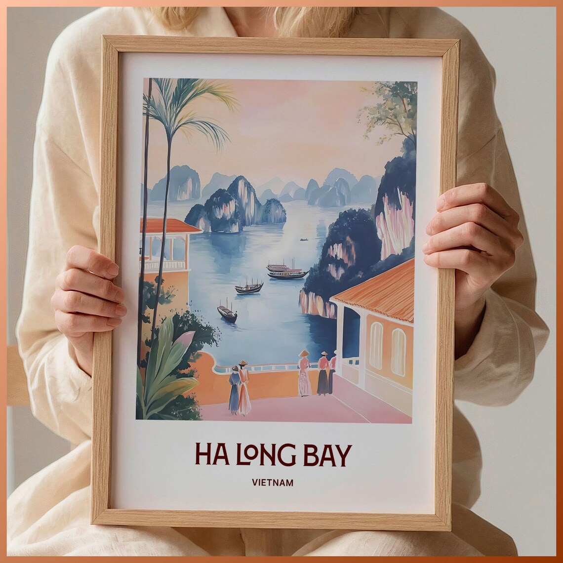 Ha Long Bay Vietnam Pastel Karst Boat Harbor Landscape Poster