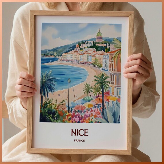 Nice France Baie des Anges Beach Palms Watercolor Travel Poster