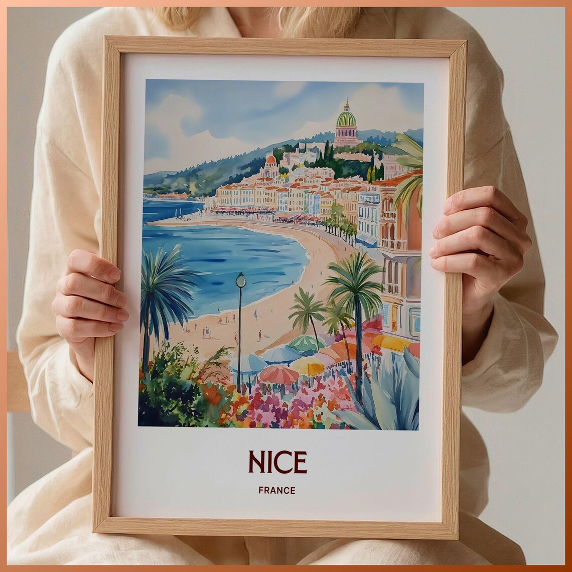 Nice France Baie des Anges Beach Palms Watercolor Travel Poster