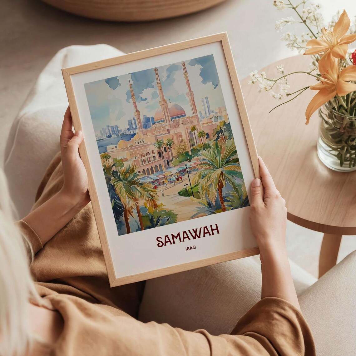 Samawah Iraq Watercolor Grand Mosque Minarets Palm Trees City Poster - Image 5