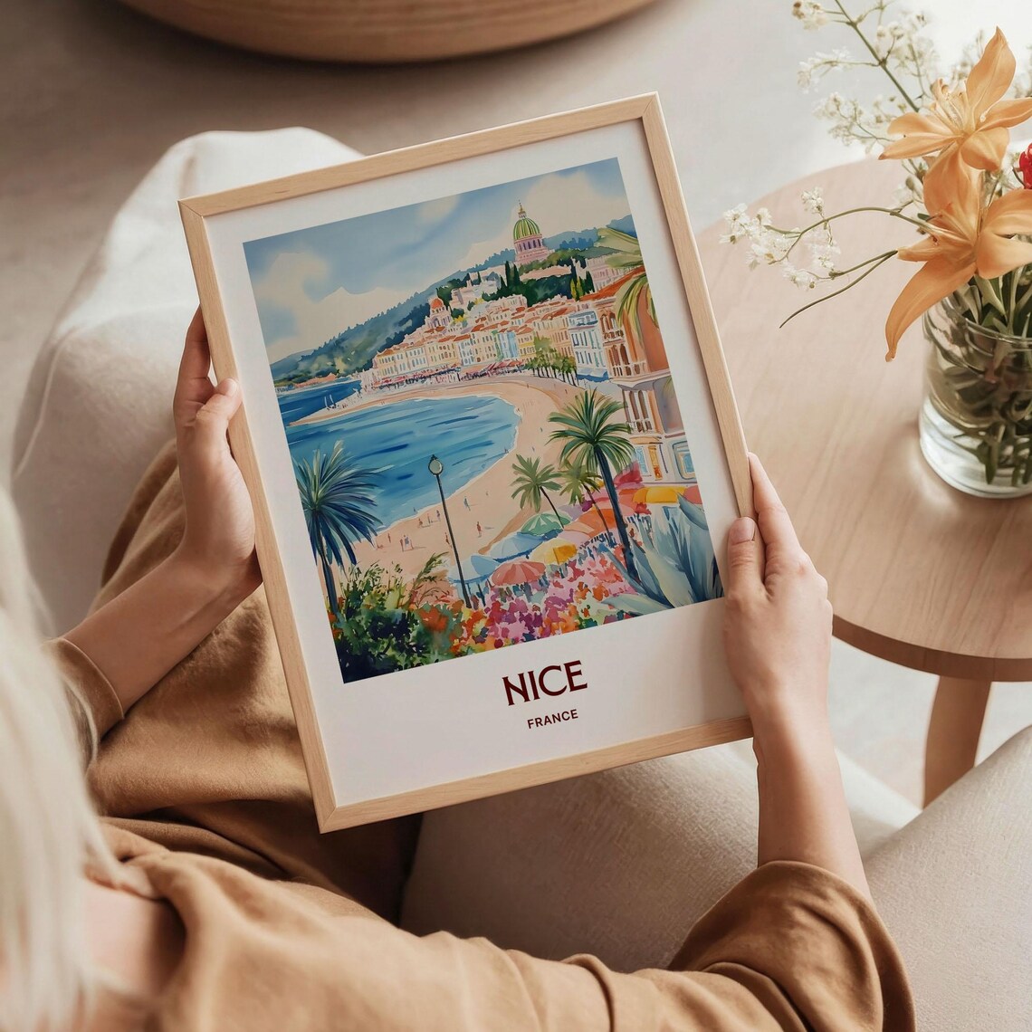 Nice France Baie des Anges Beach Palms Watercolor Travel Poster - Image 5