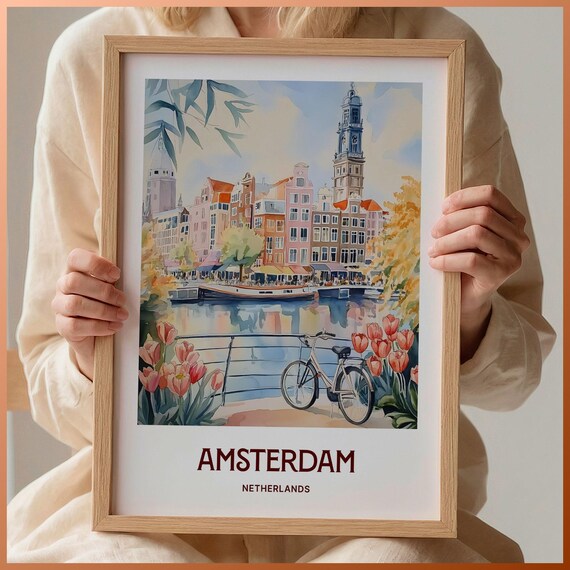 Amsterdam Netherlands Canal Bike Tulips Watercolor Travel Poster