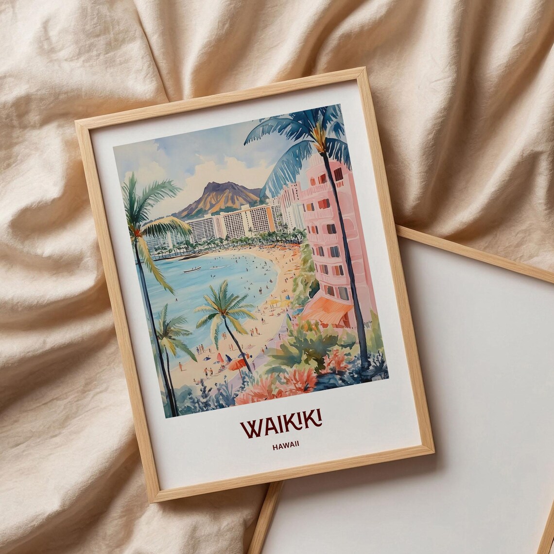 Waikiki Hawaii Beach Diamond Head Surf Watercolor Travel Poster - Image 3