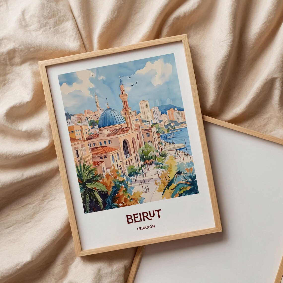 Beirut Lebanon Blue Dome Mosque Corniche Watercolor Travel Poster - Image 3
