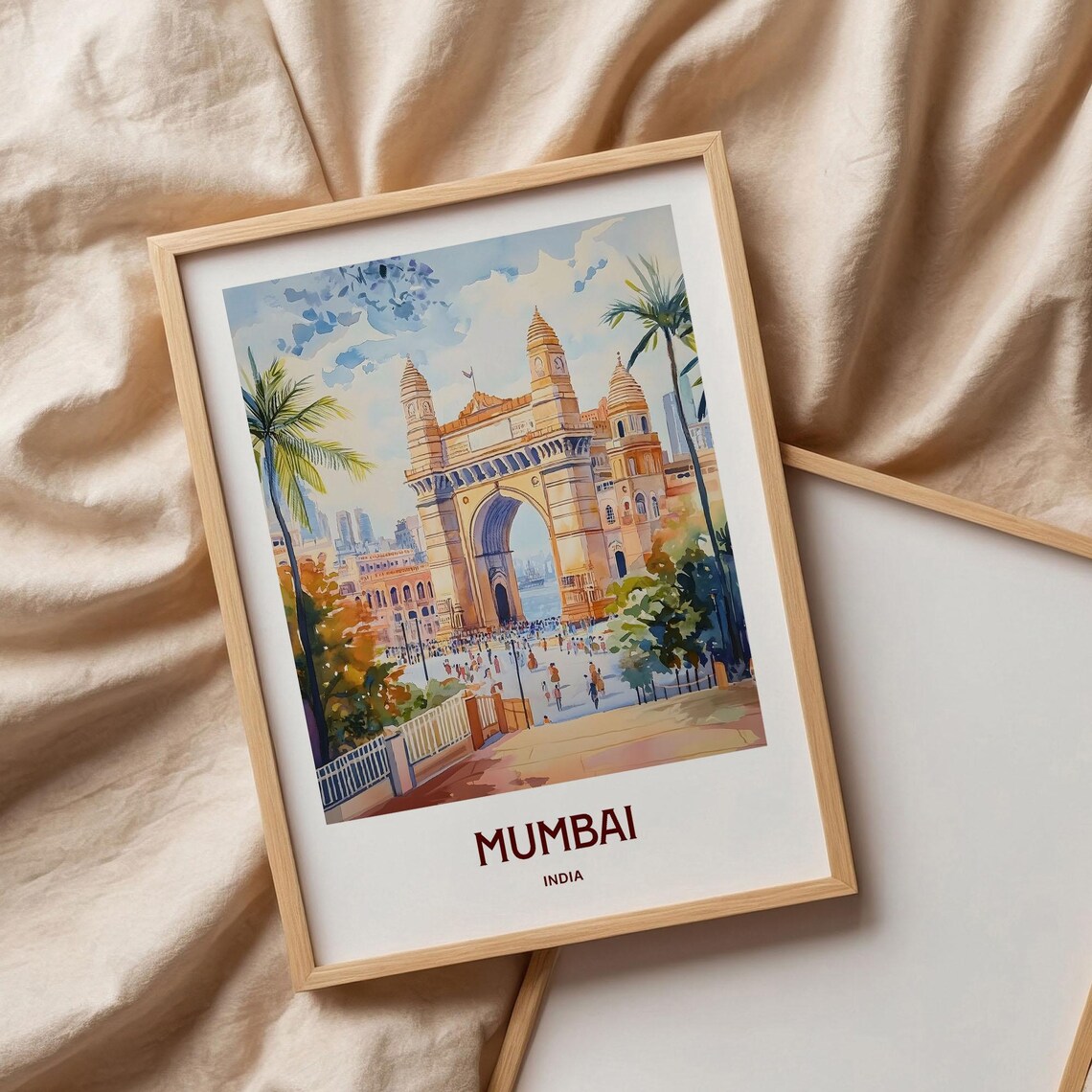 Mumbai India Gateway Arch Crowded Square Watercolor Travel Poster - Image 3