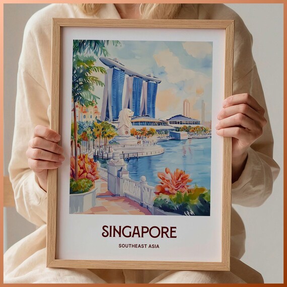 Singapore Marina Bay Sands Merlion Waterfront Pastel Skyline Poster