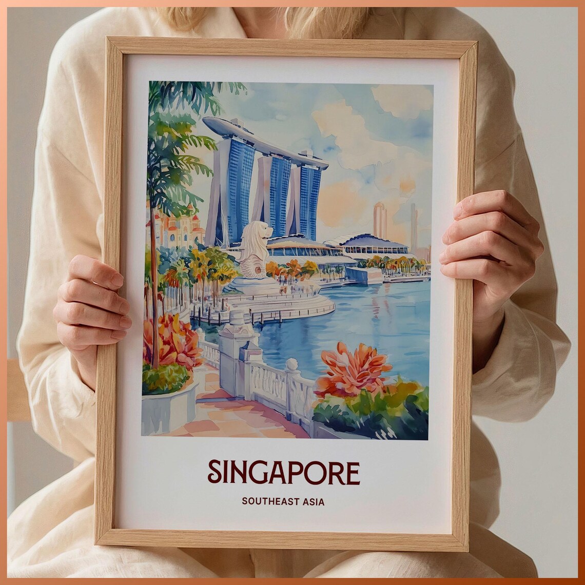 Singapore Marina Bay Sands Merlion Waterfront Pastel Skyline Poster
