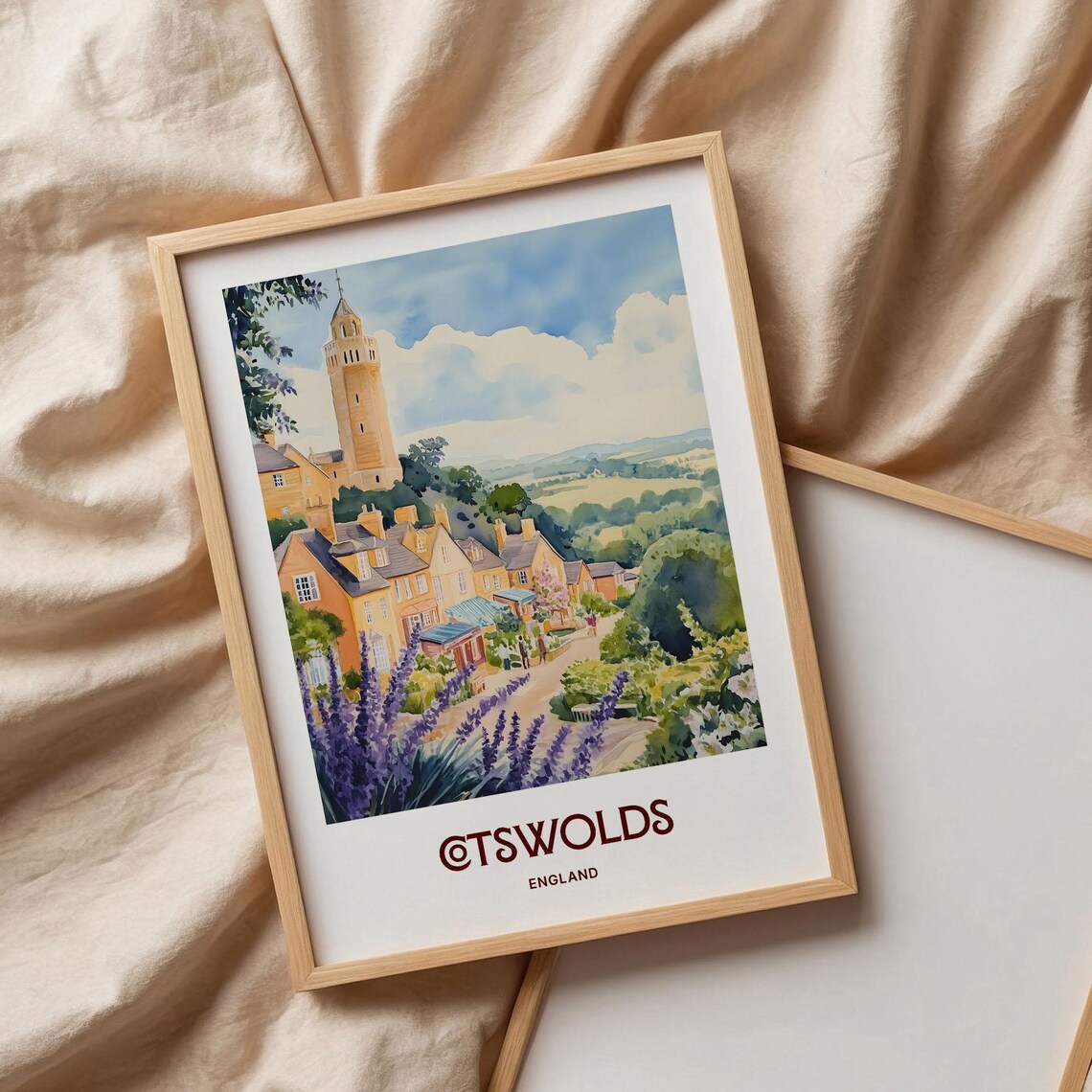 Cotswolds England Village Church Tower Lavender Watercolor Travel Poster - Image 3