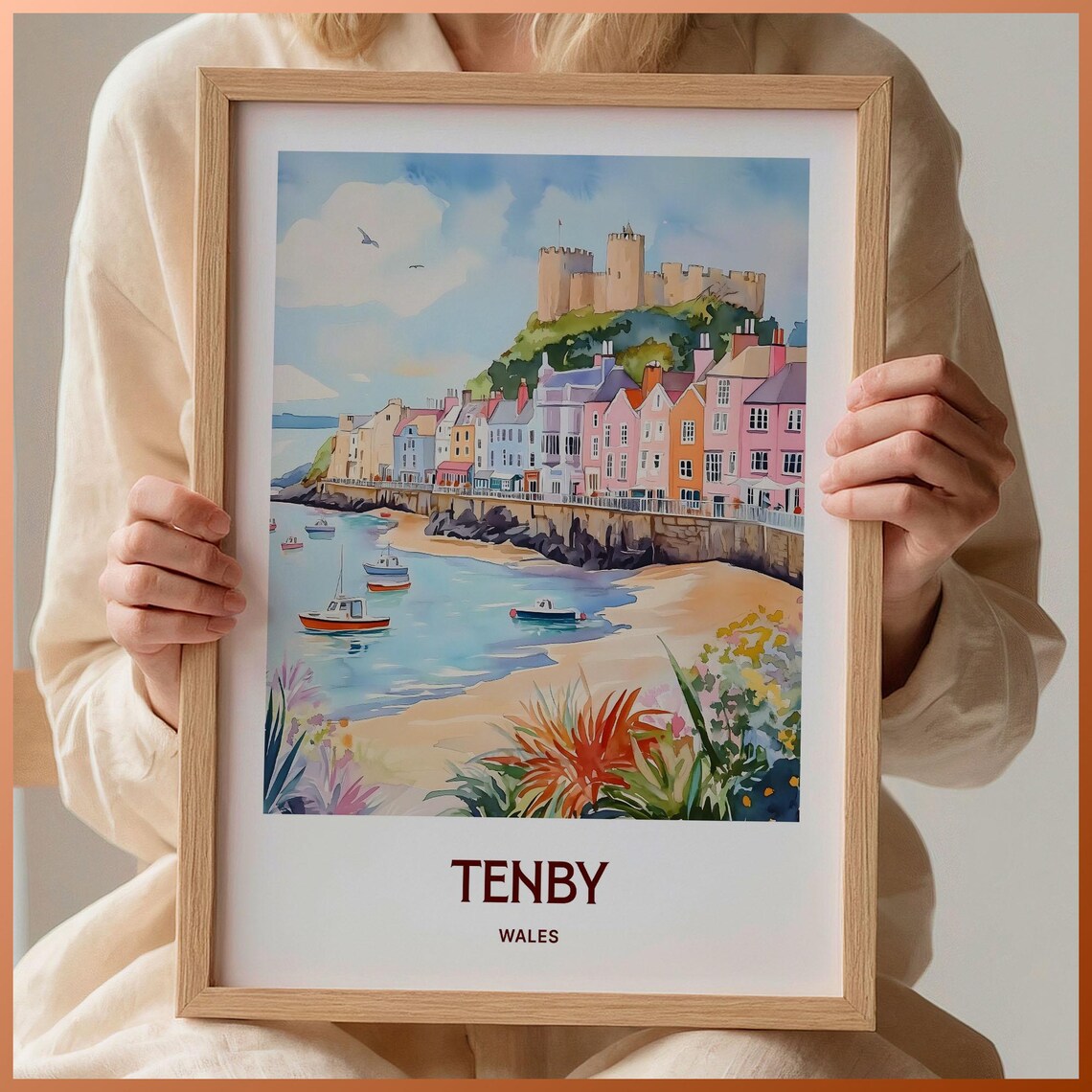 Tenby Wales Harbor Castle Colorful Seafront Watercolor Poster