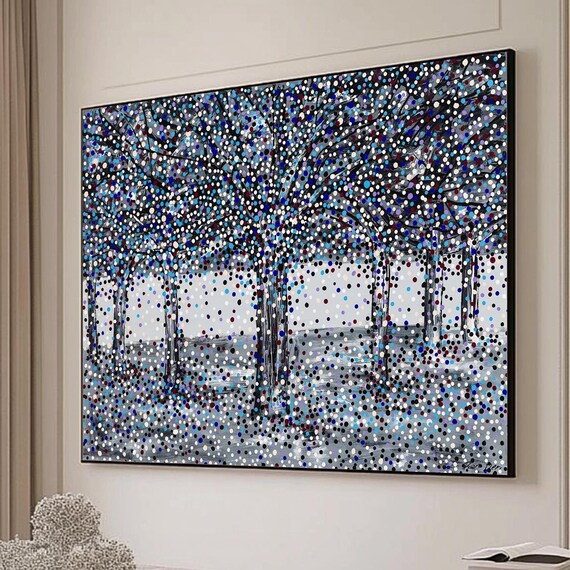 Forest Abstract Art Grayscale Forest With Colorful Dots Modern Wall Art Contemporary Nature Inspired Home Decor Colorful Art