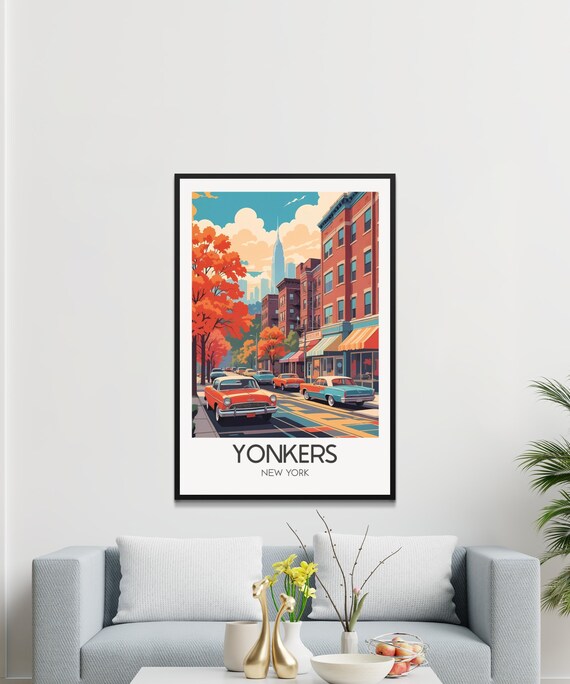 Yonkers New York Vintage Street Autumn Classic Cars City Poster
