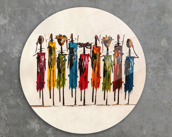 African Tribal Figures Round Oil Painting Colorful Abstract People Art Print