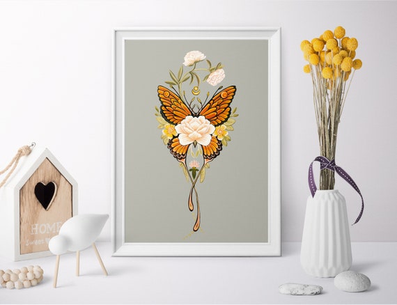 Print File Instant Jpg Peonies And Butterfly Original Floral Botanical Nature Painting