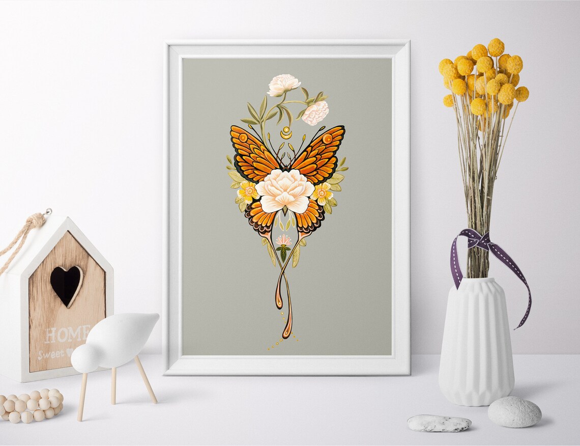 Orange Butterfly Fused With Blush Peony Mirrored Floral Art Poster