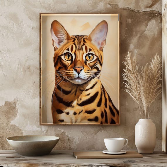 Vintage Portrait Pop Art Bengal Cat, Nursery Decor