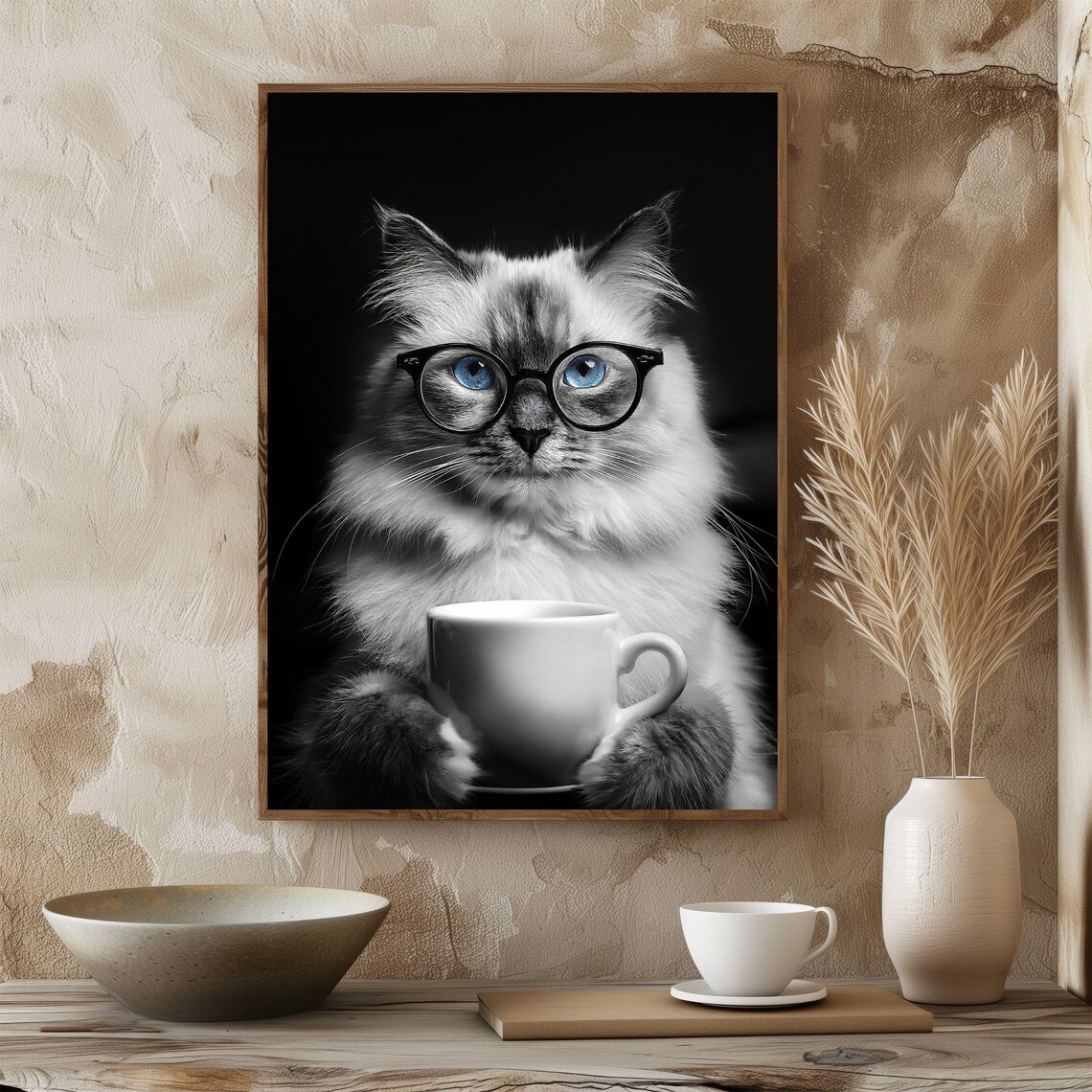 Cat Drinking Coffee, Vintage Kitchen Wall Decor