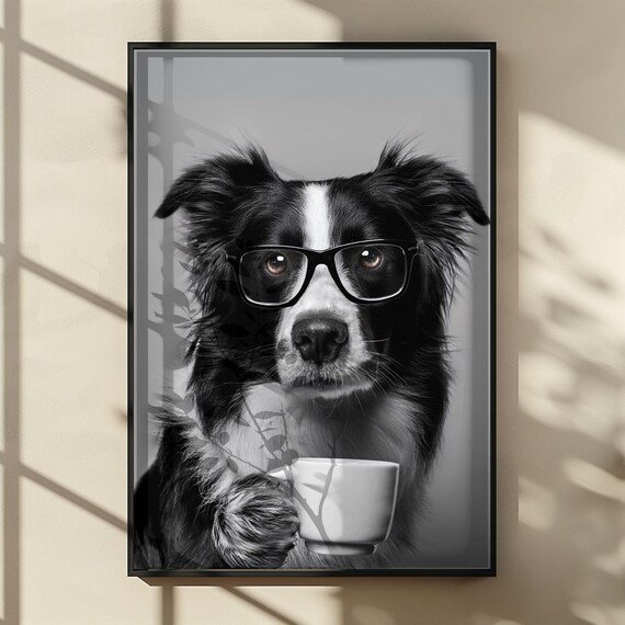 Border Collie Drinking Coffee, Funny Dog Poster