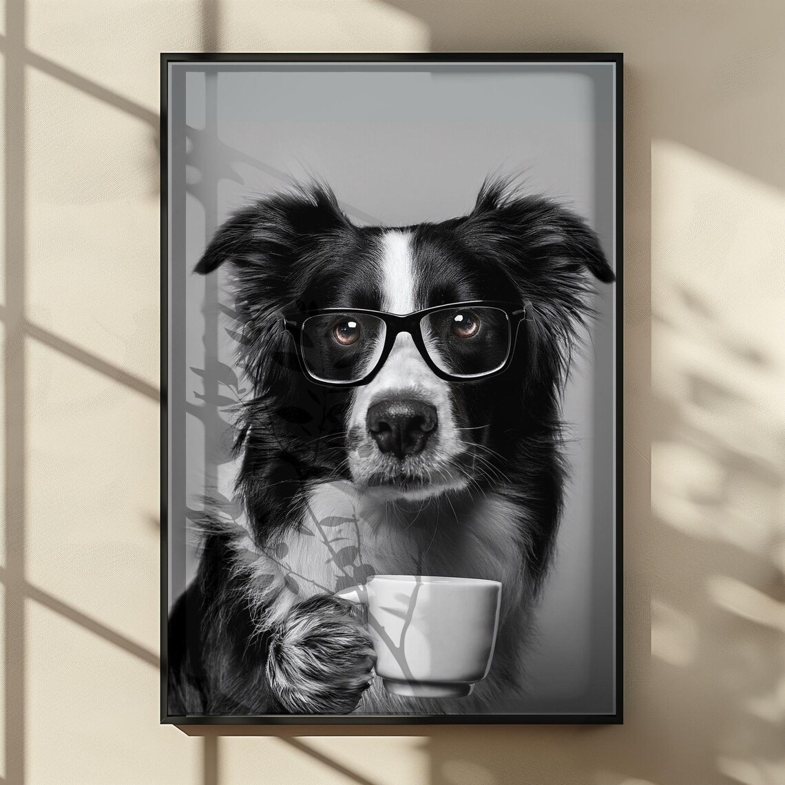Border Collie Drinking Coffee, Funny Dog Poster