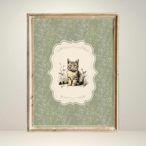 Vintage Kitten Print, Floral Nursery Decor