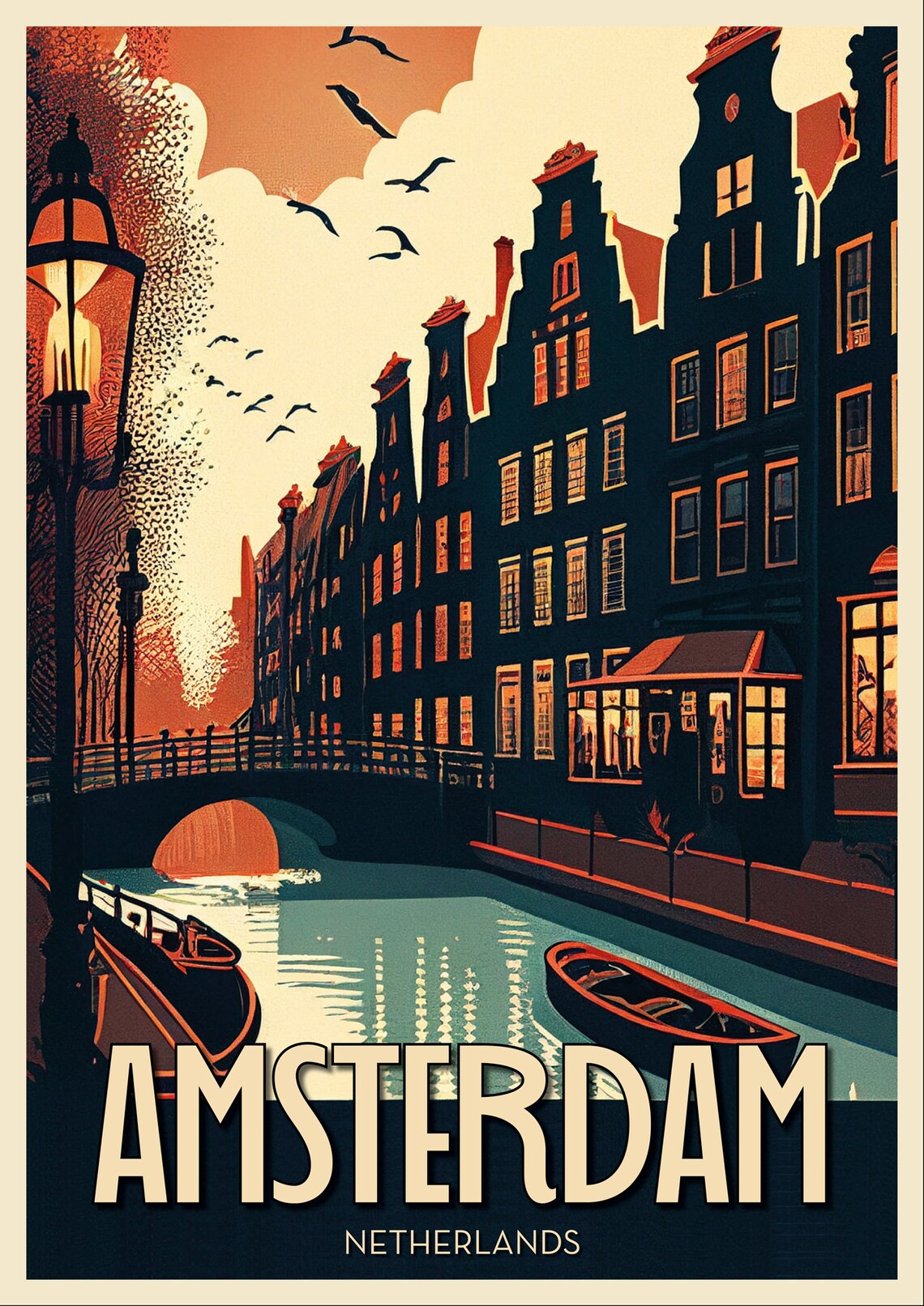 Amsterdam Netherlands Canals Evening Vintage City Travel Poster - Image 2