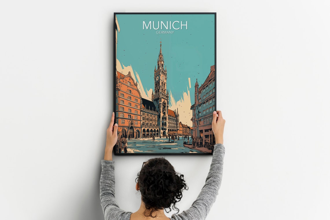 Munich Germany Marienplatz Clock Tower Street Scene Art Poster - Image 2