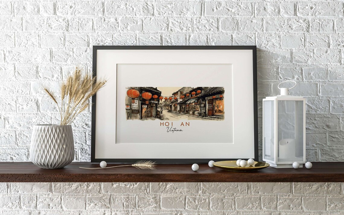 Hoi An Vietnam Lantern Street Old Town Ink Sketch Art Poster - Image 2