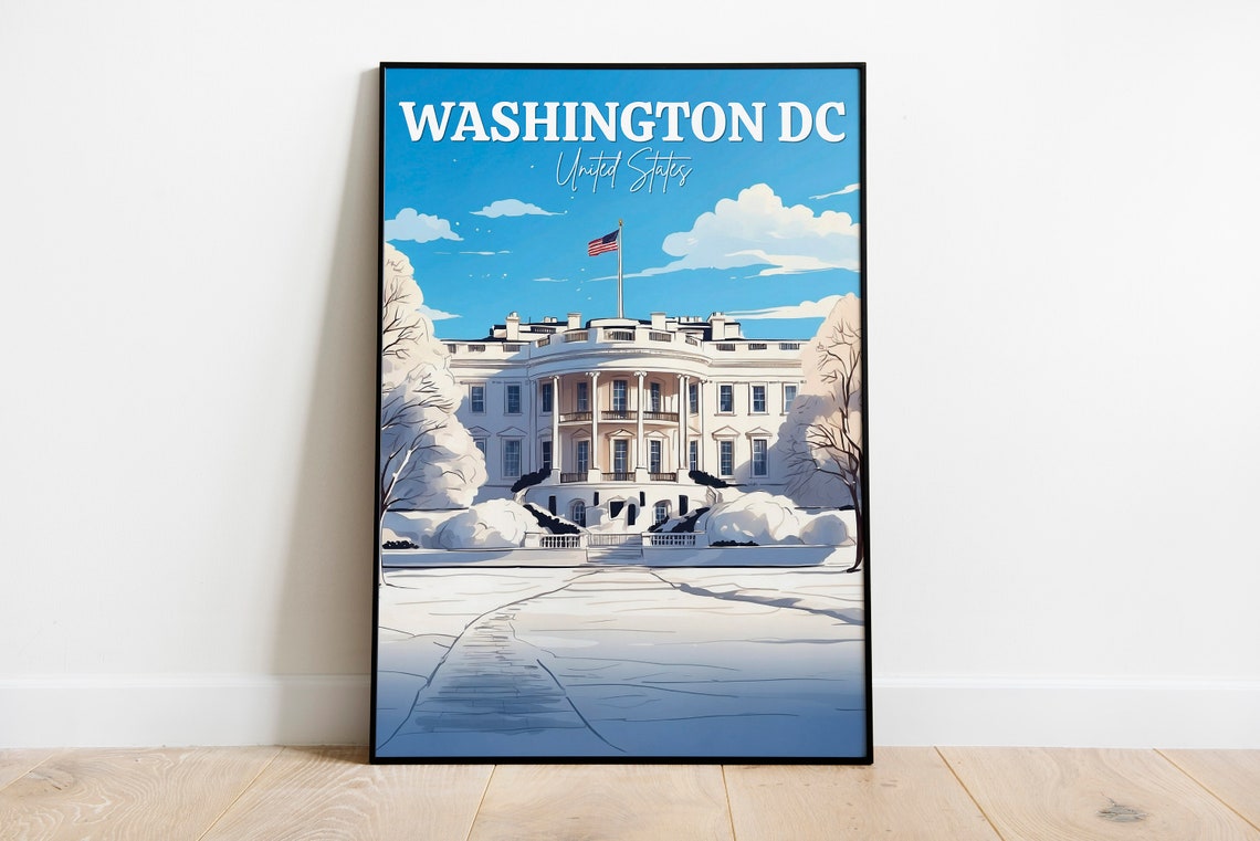 Washington DC White House Snow Winter City Travel Landmark Art Poster