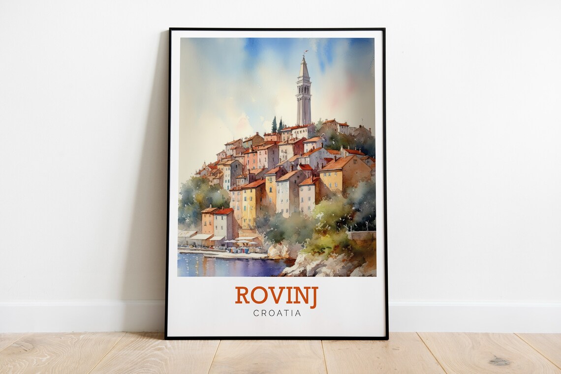 Rovinj Croatia Hilltop Old Town Harbor Watercolor Travel Poster