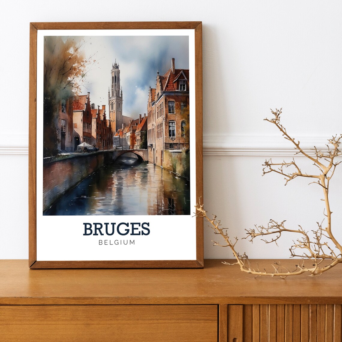 Bruges Belgium Canal Belfry Bridge Watercolor Travel Art Poster - Image 2