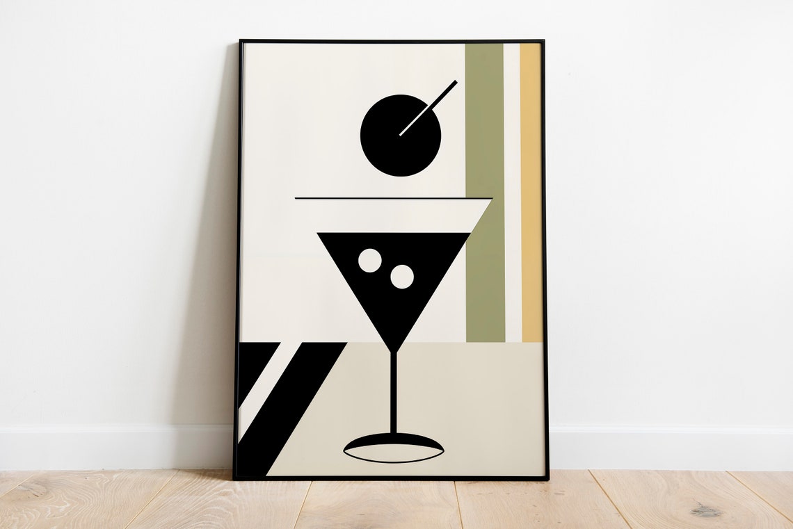 Minimalist Martini Cocktail Glass Black Olive Mustard Retro Bar Poster - Image 2