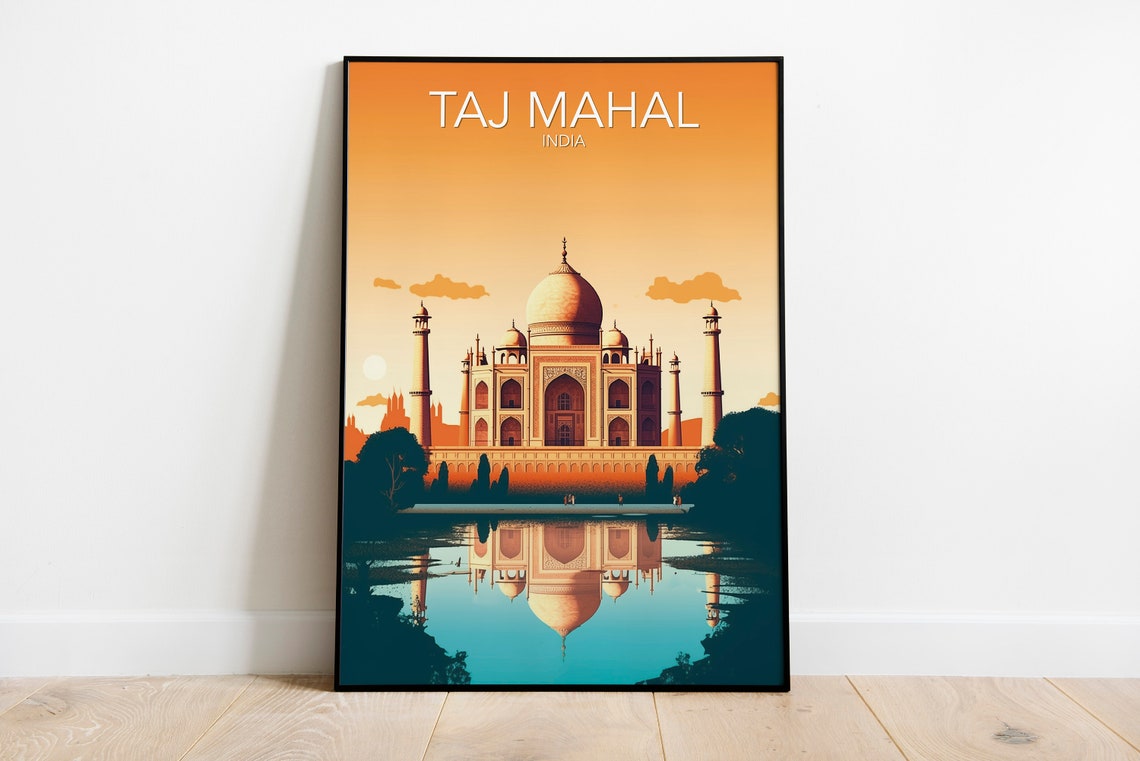 Taj Mahal India Sunset Reflection Marble Dome Vintage Travel Poster