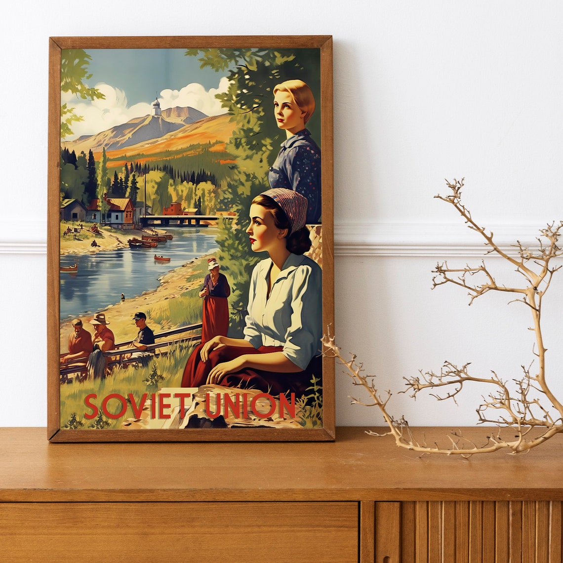 Soviet Union 1950s Retro Riverside Mountain Village Vintage Poster - Image 2