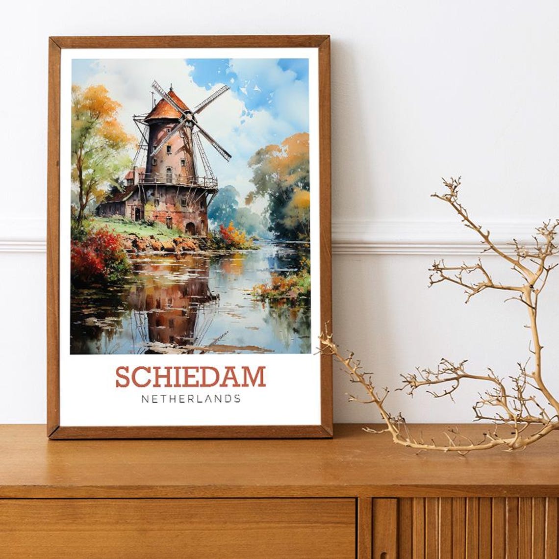 Schiedam Netherlands Windmill Watercolor Dutch Canal Travel Poster - Image 3