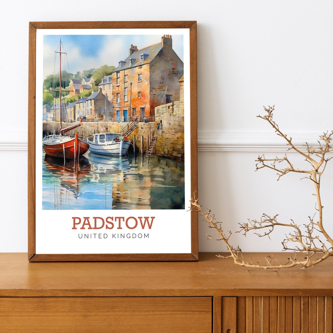 Padstow United Kingdom Cornish Harbor Boats Watercolor Travel Poster