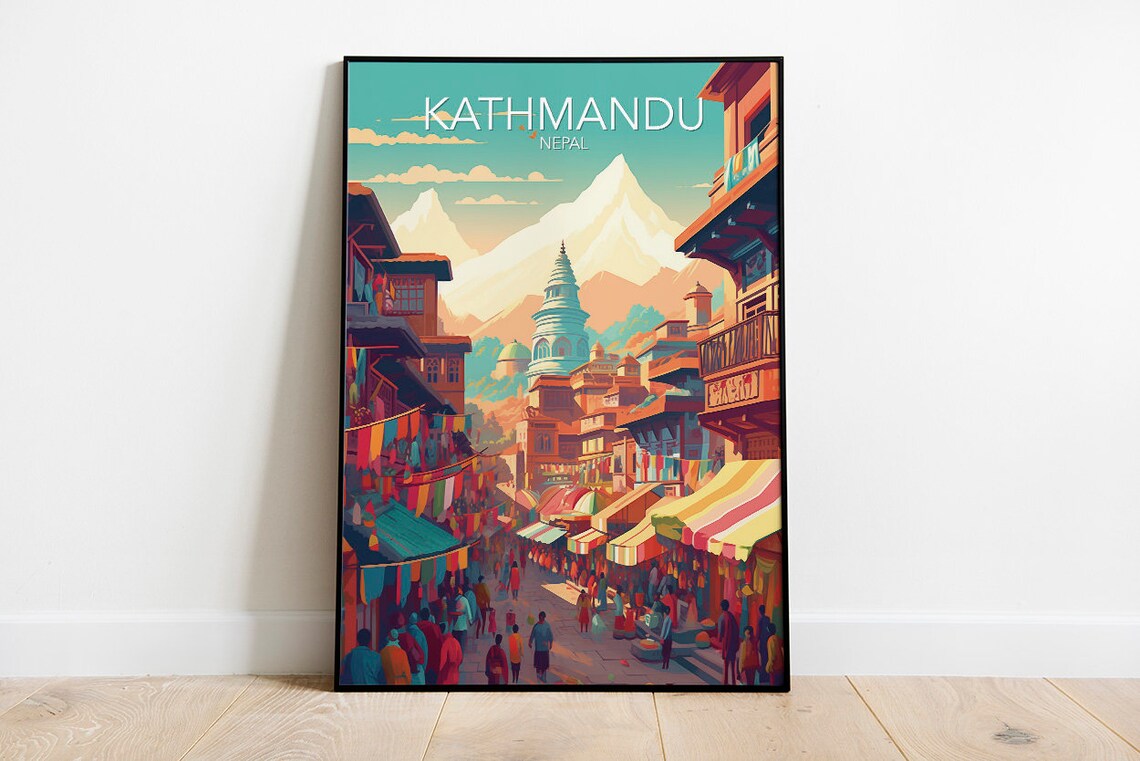 Kathmandu Temple Street Himalayan Peaks Nepal Vintage Travel Poster