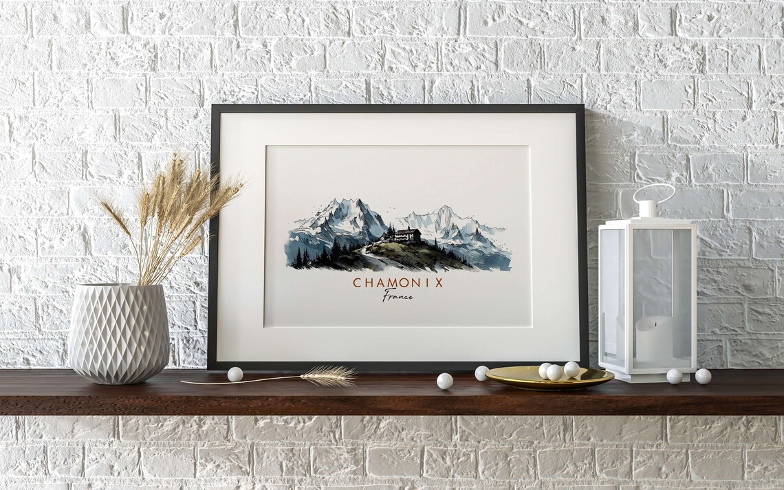 Chamonix France Snowy Alpine Peaks Chalet Watercolor Art Poster - Image 2