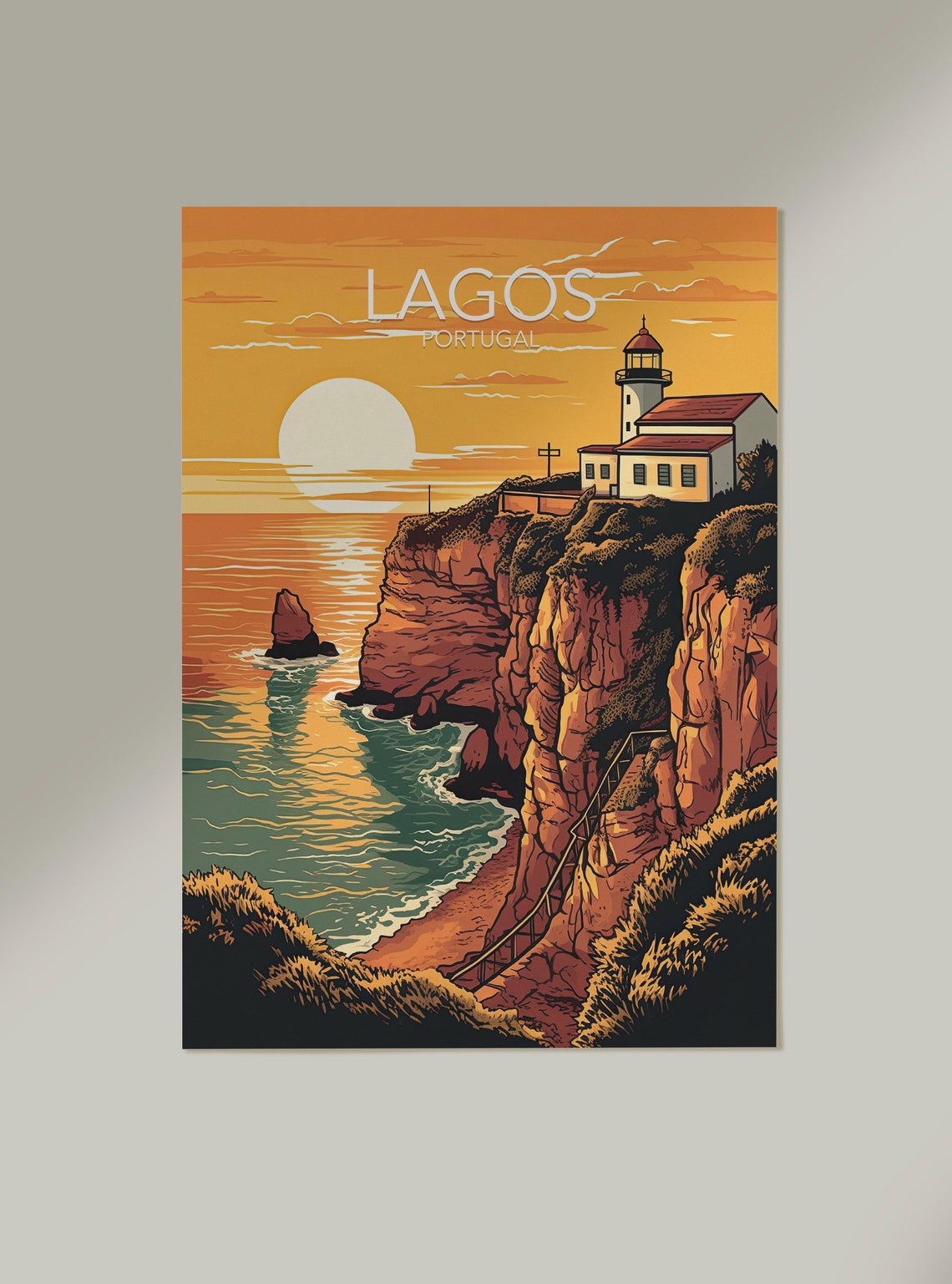 Lagos Portugal Lighthouse Cliffs Sunset Modern Travel Poster - Image 2