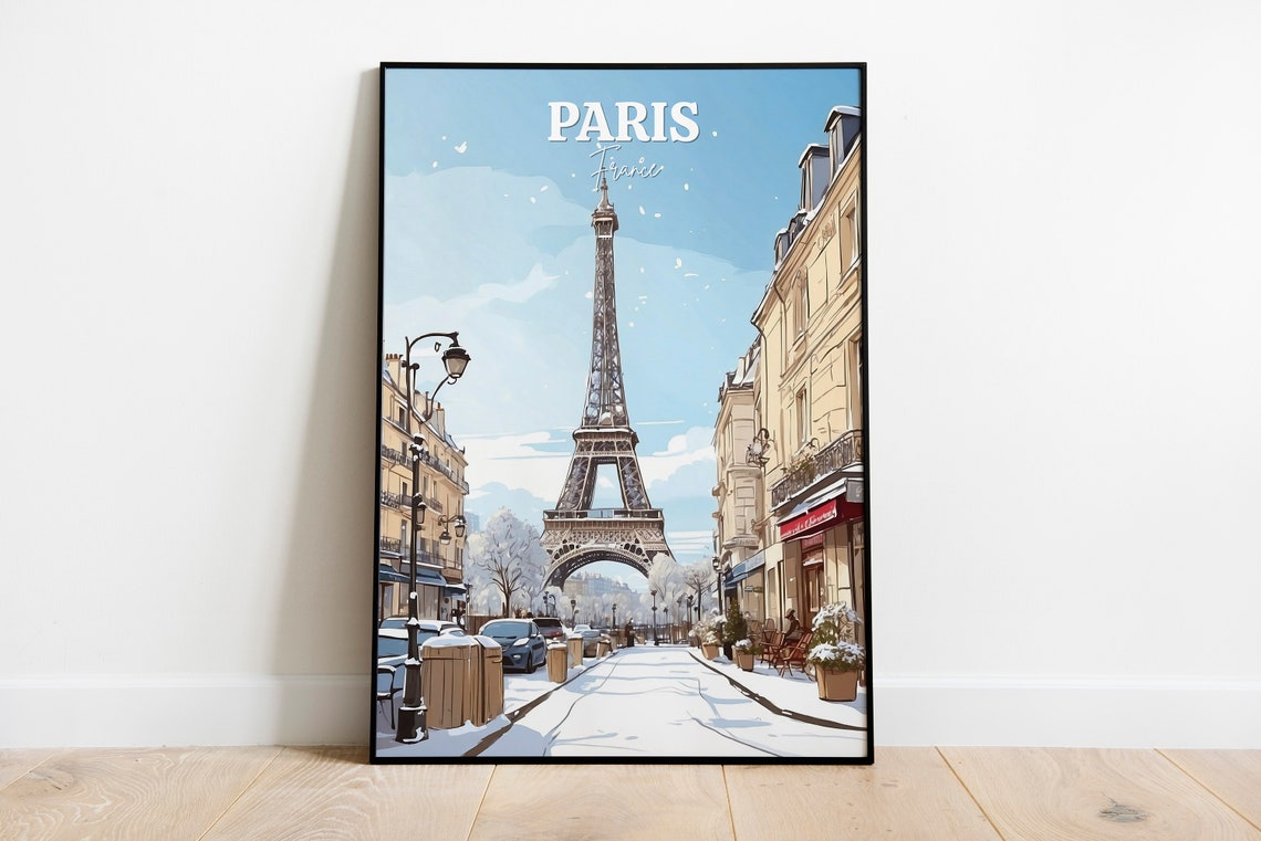 Paris France Eiffel Tower Snowy Street Winter Travel Landmark Poster